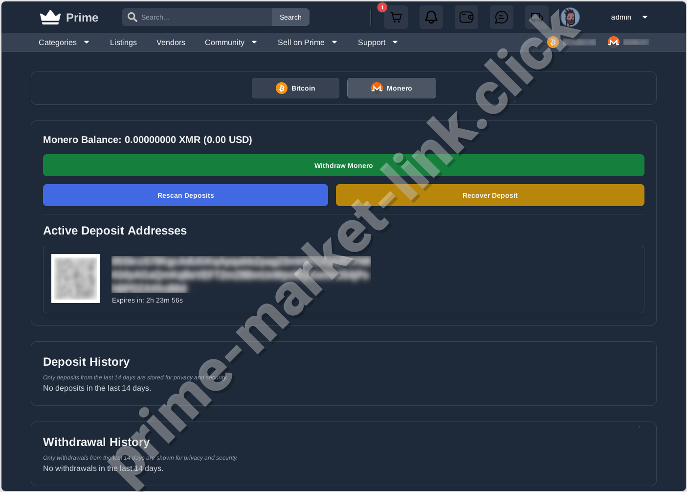 Monero wallet integration on Prime Darknet Market
